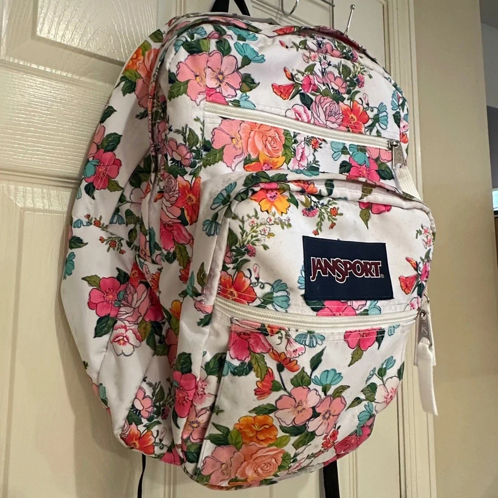 JanSport Big Student Backpack White Floral Print Multi Compartment School Bag
